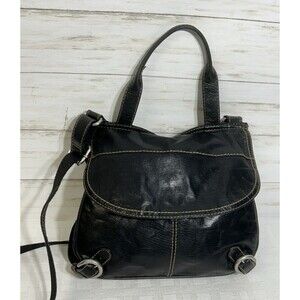 FOSSIL Black Leather Canvas Crossbody Purse Shoulder Bag Silver Hardware Large